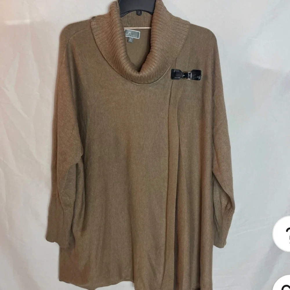 JM Collection Cowl Neck Faux Wrap Sweater Buckle Detail Brown Taupe Boho XL Chic